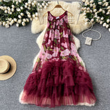 French Retro Court Style Design With A Sense Of Fashion Print Splicing Mesh Tau Pong Irregular Lotus Leaf-Side Dress Woman