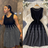 Simple Sleeveless Round-Necked Striped Knitted Dress Women's Summer Waist Design Small Fairy Mid-Long Dress
