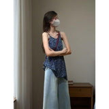 Vintage Blue Floral Sling Skirt Top Woman 2025 Summer Design Sense Niche Wearing Broad-Legged Pants Two Sets