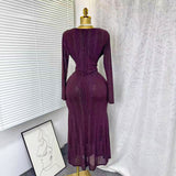 Autumn New Sexy Cross-Dress V-Neck Long Sleeves Elastic Mesh Hot Diamond Dress Female Elegant Dress