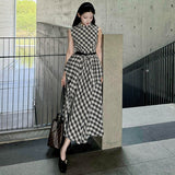 French Design Lattice Sleeveless Round-Neck Dress Women 2025 Summer New Slim Retro Long Dress