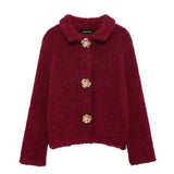2025 Women's Autumn And Winter New Fashion Flower-Shaped Buckle Knitted Sweater Cardigan Jacket