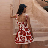 Vintage Bohemian Sexy Red Lattice Print Sling Skirt Side Hollow A Skirt