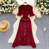 French Retro Style High-End Knitted Dress Women's Summer Lotus Side Single Buckle Design Temperament Luxury Dress