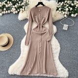 French Small Fragrant High-Grade Metal Buckle Waist Dress Women 2025 Autumn Thin Temperament Hollow Knitted Long Dress