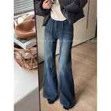 Vintage Blue T-Shirted High-Belt Plus Velvet Horn Jeans Women Autumn And Winter Spring And Autumn Narrow Version Straight Horseshoe Long Pants
