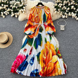 High-End Elegant Dress Women Fashion Nail Ball Collar Hollow Pressure Folding Lantern Sleeves To Print Long Skirt