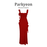 Seaside Holiday Style Temperament Sexy Irregular Dress Red Ribbon Bag Hip Dress