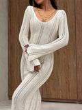 New Women's Fashion Elegant V-Neck Knitted Dress Horny Sleeves Hollowed-Braceed Long Dress
