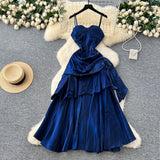 French Goddess Fan Design Sense Square Neck Sling Sling Sling Folds To The Waist Lotus Leaf Dress Girl Dress Dress
