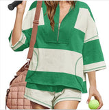 2025 Spring And Summer New Women's Striped Half-Sleeved Oversized Shorts Casual Sportswear Two Sets