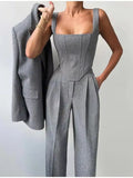 2025 Fashion Casual Women's Commuting Fish Bone Sling Suit Jacket Trousers Three-Piece Set Of Women