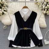 Two Sets + V Cooked Two Autumn Dress New Loose Wind Collar Knitted Tagonal Knitting Set Shirt Collar