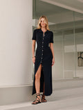 Summer New Women's Fashion Temperament Collar Single-Dcupuncture Dress Retro Knitted Long Dress