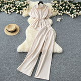 Summer Dress Women's New Two-Piece Design Tice With Waist-Sleeved Shirt High-Rise Thin Leg Straight Trousers
