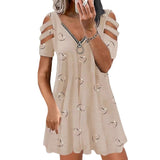New Wish Women's V-Neck Zipper Printed Short Sleeves Relaxed Casual Lavender Dress