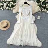 French Gentle Wind Three-Dimensional Flower Collar Long Sleeve Knitted Mesh Tau Coop Ponopne Irregular Fairy Dress