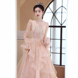 Pink Art Exam Evening Dress Woman 2025 New Long-Sleeved Light Luxury Small Temperament Long Banquet Host Ponpong Skirt