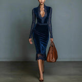 2025 Blue Retro Print Temperament Slimming Velvet Cheongsam Dress Dress Autumn And Winter Long Sleeves