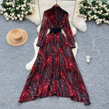 High-End Fashionable Dress Women's French Nail Polish Brighten Embroidery V Collar Long Sleeve Leopard Print Elegant Long Dress