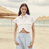 10 Color Women's Clothing 2025 Spring Solid Color Big Pocket Sleeveless Polo Collared Denim Shirt Blouse