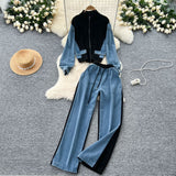 Fashion Suit Women's Port Wind Casual Colliding Color Splicing Collar Zipper Fake Two-Piece High-Waisted Cowboy Broad Leg Trousers
