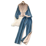 Fashion Suit Women's Port Wind Casual Colliding Color Splicing Collar Zipper Fake Two-Piece High-Waisted Cowboy Broad Leg Trousers