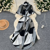 Printed Short-Sleeved Dress Women Autumn Polo Tie Straps To The Waist Design Small Chic Temperament Long Dress
