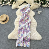French Light Luxury Name Heavy Industry Hollow Hook Lace Dress Female Senior Wood Ear Splicing Oblique Shoulder Skirt