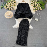 Fashion Suit Female Temperament Lantern Long Sleeve V Collar Lotus Leaf Swing Bright Shirt Female High-Waist Lysic Half Skirt
