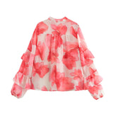 2025 Summer French Commuting Wind Tie Dye Floral Print Collar Long-Sleeved Loose Shirt