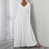 Summer New Long Dress Casual Loose Short Sleeve Pure Color V Collar Body Size Dress
