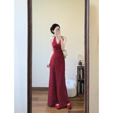 Fashion Casual Temperament Wave Point Print Hanging Neck V-Neck Dress Korean Waist Thin Dress