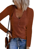 2025Wish Autumn New Women's Button Vest Solid Color V-Neck Long-Sleeved T-Shirt Top