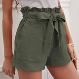New 2025 Summer Women's Loose Flax Leisure Shorts Pocket Solid Colored High-Rise Broad Legs