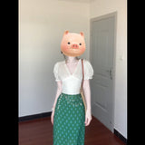 Ultra-Good View Of The Unique Beautiful V-Neck Bubble Sleeve Shirt For Women's Summer New Green Floral Skirt Set