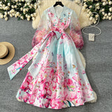 2025 Spring Spring Court Wind Positioning Print Cross V-Neck Tie With Belt Mesh Long Sleeves Spliced Dress