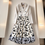 French Temperament Short Double Buckle Suit Jacket Female High-End Velvet Mesh Sling Dress Two Sets
