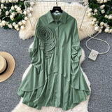 Korean Version Of High-End Sense Polo Collar Shirt Women Autumn Three-Dimensional Flowers Loose Irregular Folding Tail Design Top