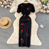 Summer Dress High-End Temperament Embroidered Rose Knitted Dress Women's Short Sleeve New Chinese Bag Long Skirt