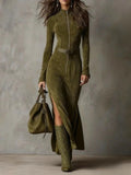 2025 New Retro Modern Collar Zipper High Open Forked Waist Temperament Famous Style Dress