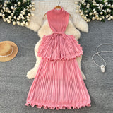 Light Luxury High-End Feeling Sleeveless Dress Women's Summer Lotus Leaves Side Waist Temperament Niche Chic Beautiful Long Dress