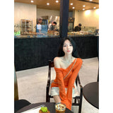 Autumn Thin Wears Slimy Shoulder T-Shirt Top High Waist Straight Bag Hip Skirt Two Sets