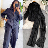 French Light Luxury Heavy Lace Splicing Temperament Long-Sleeved Shirt Tight High Waist Thin Broad Leg Trousers Two Sets Of Women