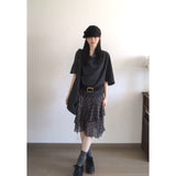French Collar Five-Sleeved T-Shirt Top Women Irregular Check-In Half Dress Korean Two-Piece