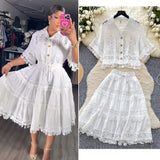 French Court Style Lace Lace Hollow Hook Short Blouse High-Waisted Lace Spliced Skirt Suit