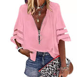 2025 New V-Neck Zipper Shirt Half-Horn Sleeve Grid Spliced Loose Casual Shirt For Women