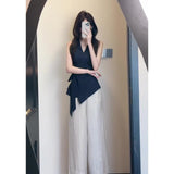 Korean Commuting Wearing A V-Tie Tie With A Waist Design Sleeveless Top High-Waisted Broad-Legged Trousers