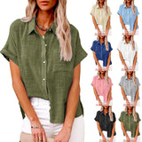 Wish Summer New Women's Solid Color Linen Shirt Short Sleeve Casual Loose Shirt