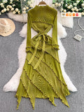 Wind Retro Long-Sleeved Dress Dress Women Summer High-End Light Extravagant Folds To The Waist Wood Ear Long Dress